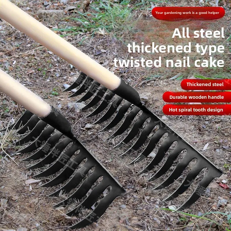 Vintage Tine Manganese Steel Rake Welded Agricultural Multi-functional Garden Rake Hardened Forged with Wooden Handle
