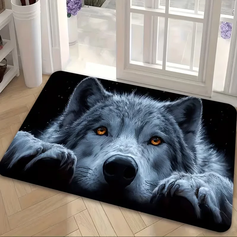 Peeking Grey Wolf Doormat Fierce Wild Canine Animal Print Non Slip Entry Floor Rug For Front Door Hallway