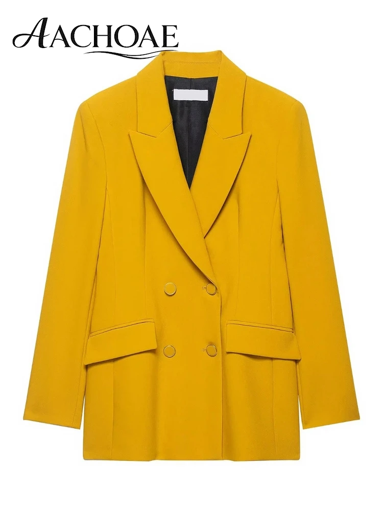 AACHOAE Women's Double Breasted Blazer Elegant Tailored Office Suit Jacket Peak Lapel Long Sleeve Business Formal Blazer Coat