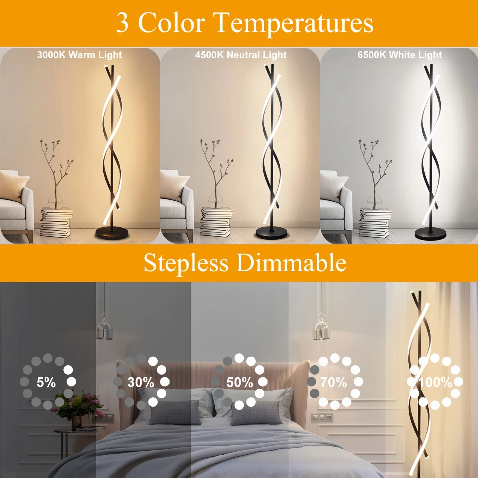 Modern LED Spiral Floor Lamp, 3 Color Temperature And Dimming Standing Floor Lamp, Black/White Corner Floor Lamp, Adjustable Height Reading Floor Lamps With Remote Control For Living Room, Bedroom, Home Decor, Office, Study