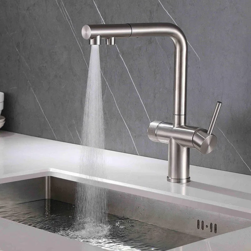 Nickel 304 Stainless Steel Pull-out Kitchen Faucet Dual Swivel Spout Drinking Water Filter Purifier Vessel Sink Mixer Tap