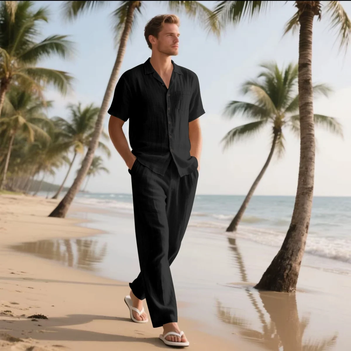 

Men's Summer Beach Casual Cotton Linen Shirt Two-Piece Set with Lapel Pocket Long Pants and Shor Fashionable Breathable Clothing
