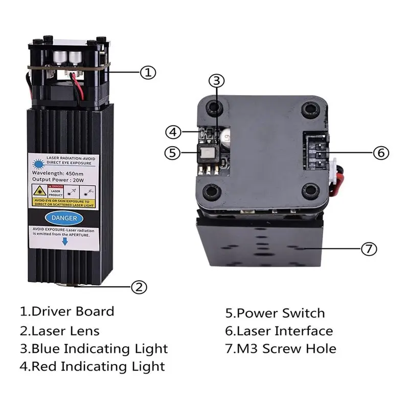 (A32M) 20W Laser-Module Kit for 4540 CNC Router Machine,5.5W Optical Power 12V 450Nm Laser-Head with 7.5 Ft Cable,for Wood