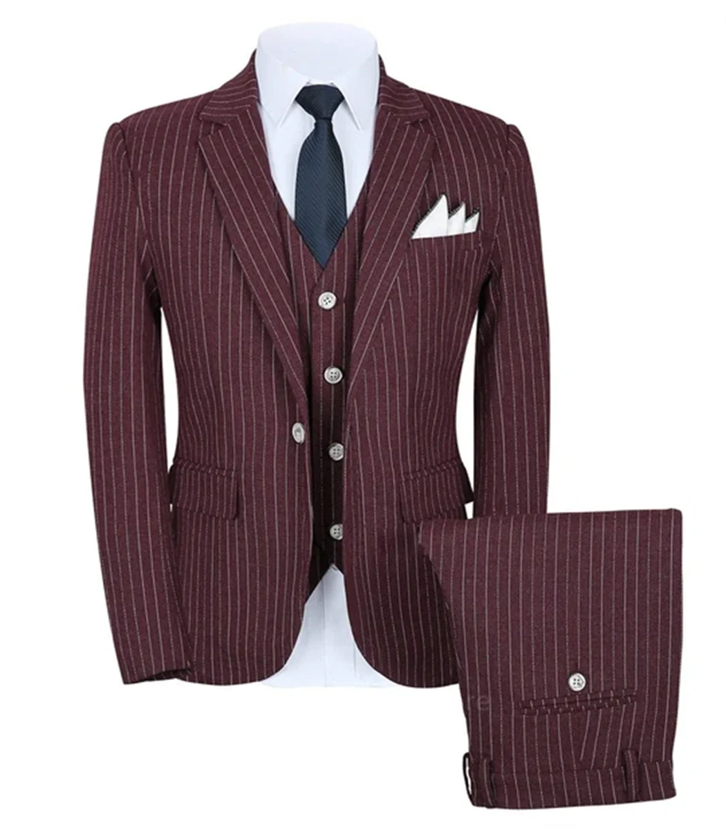 3-Piece Men\'s Stripe Suit One Button Jacket Vest Pants Wedding Fashion Casual Boutique Business Striped Groom Wedding Suit