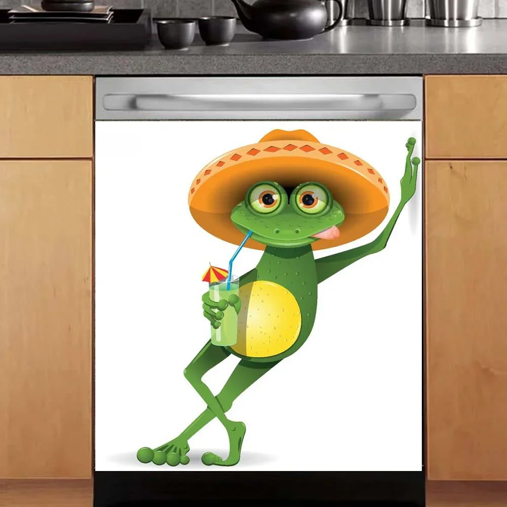 Modern Funny Frog PVC Dishwasher Freeze Sticker Art Beach Route Cover Wallpaper Kitchen Wall Stickers Flower Dishwasher Stickers