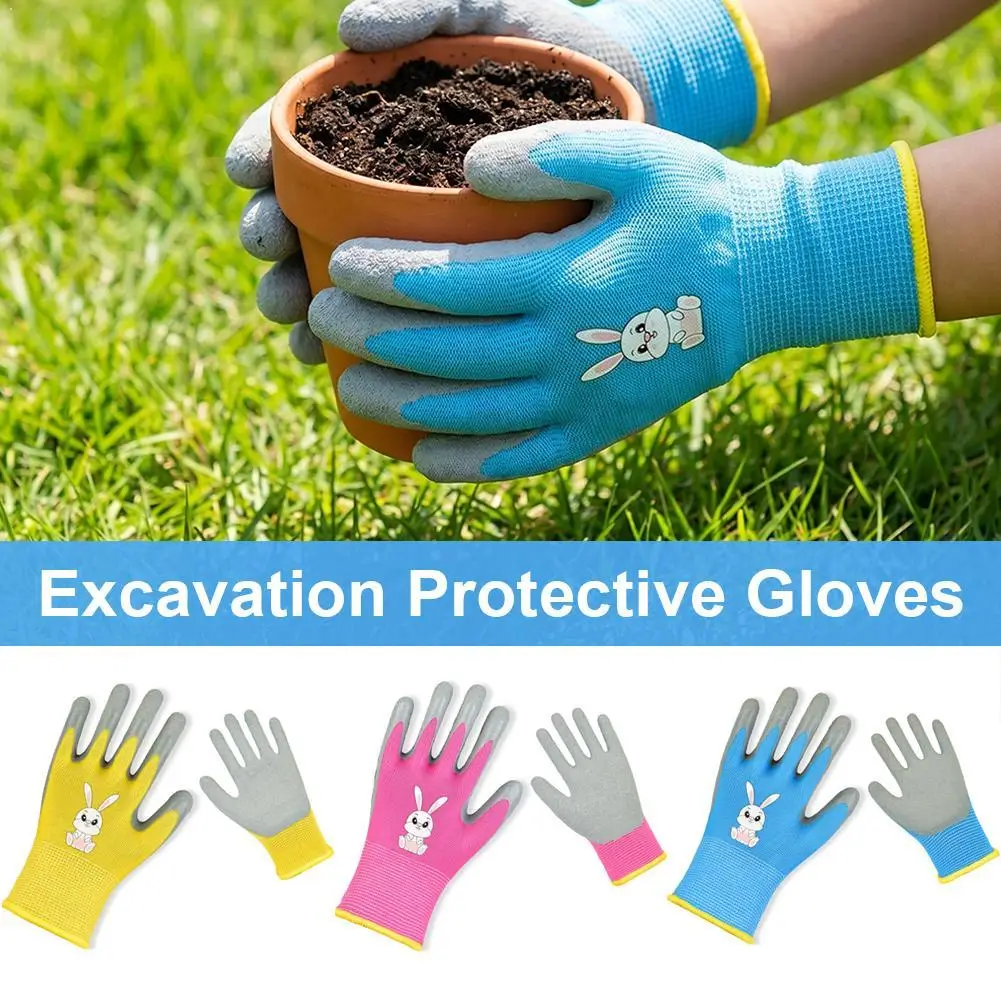 1 Pair Kids Gardening Gloves Cartoon Pattern Wear Resistant Thorn-Proof Puncture-Resistant Rubber Little Helpers Work Gloves