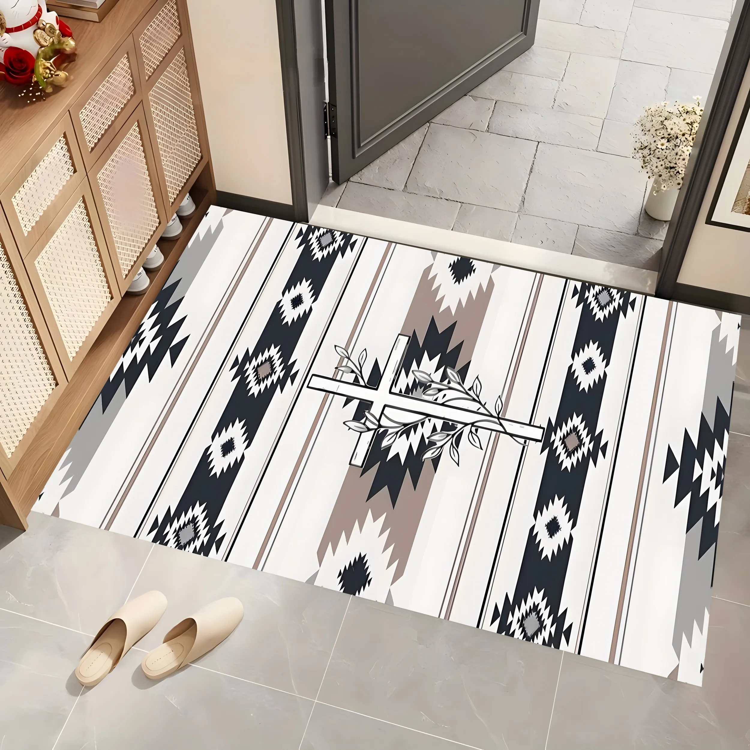 Ethnic Geometric Branch and Cross Pattern Rug, Retro Exotic Carpet for Living Room Bedroom, Home Decor