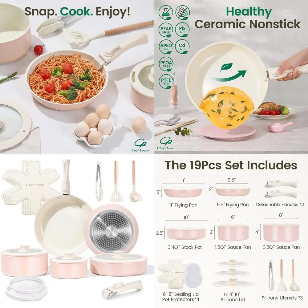 

19-Piece Detachable Handle Nonstick Cookware Set, Induction & Oven Safe, Dishwasher Friendly, Light Pink RV Kitchenware