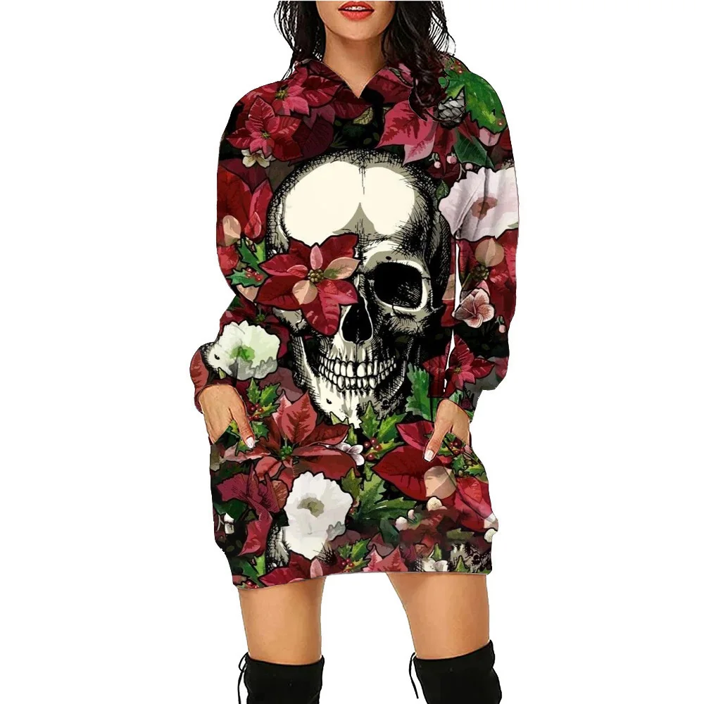 Skull Ghost Halloween Printed Hoodie Dress Bat Women\'s Daily Workout Hoodies Long Sleeve Pullover Autumn Loose Tee Traf Vestidos