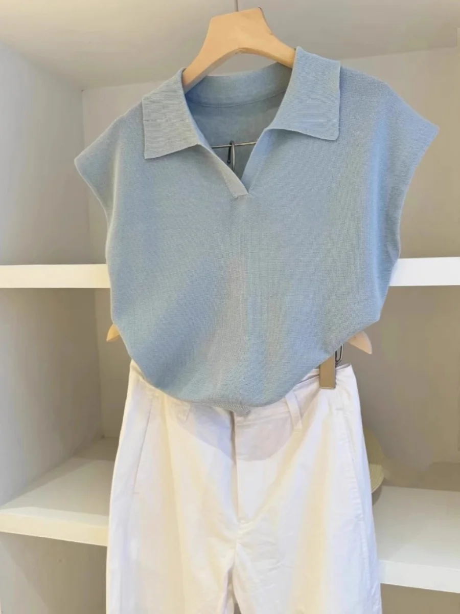 

Elegant Blue Neck Ice Silk Knitted Top Slim Fit Summer Thin Fly Sleeve Fashionable Korean Style Women's Premium Clothing