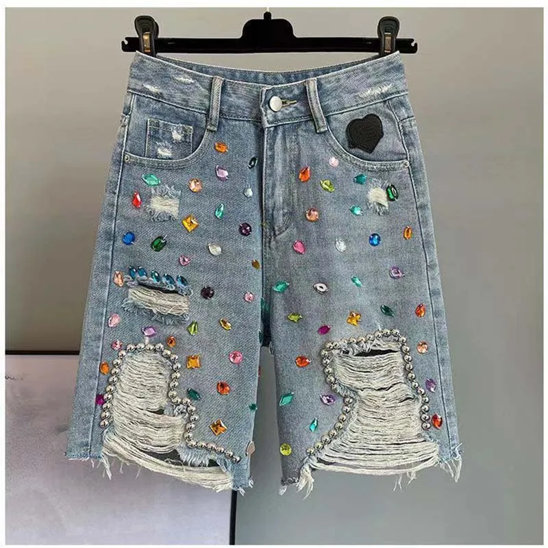 2026 Summer New Y2K Denim Five-Point Pants Sle Women's Trendy Straight Leg Jeans High Waist Loose Fit Diamond Embellied
