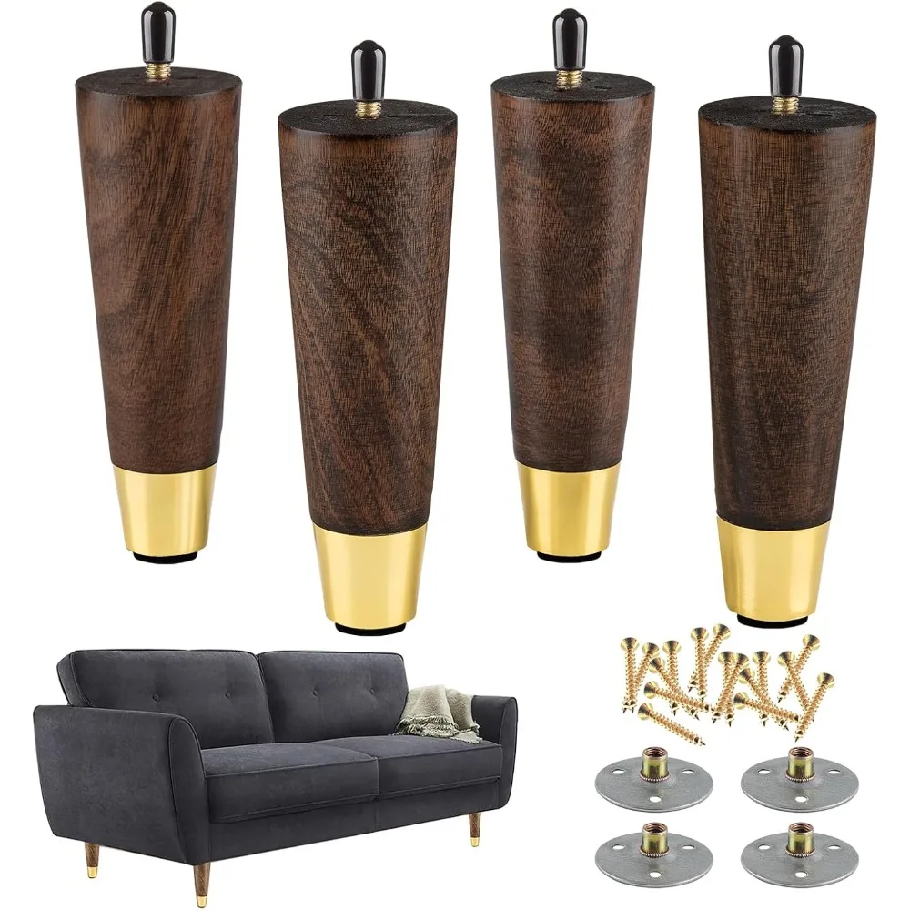 

Mid-Century Modern Couch Legs - Set of 4, 6 Inch Brown Round Tapered with Brass Base for Cabinets, Coffee Table, Ottoman, Sofa,