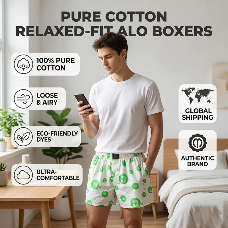 MMELONGENA Men's 100% Cotton Boxer Shorts Summer Loose Fit Aro Pants Soft Breathable Casual Green Pattern Home Sleep Lounge Wear