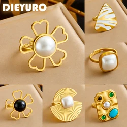 DIEYURO 316L Stainless Steel Gold Colour Flower Pearl Adjustable Ring For Women Girl Fashion New Finger Ring Jewelry Gift Party