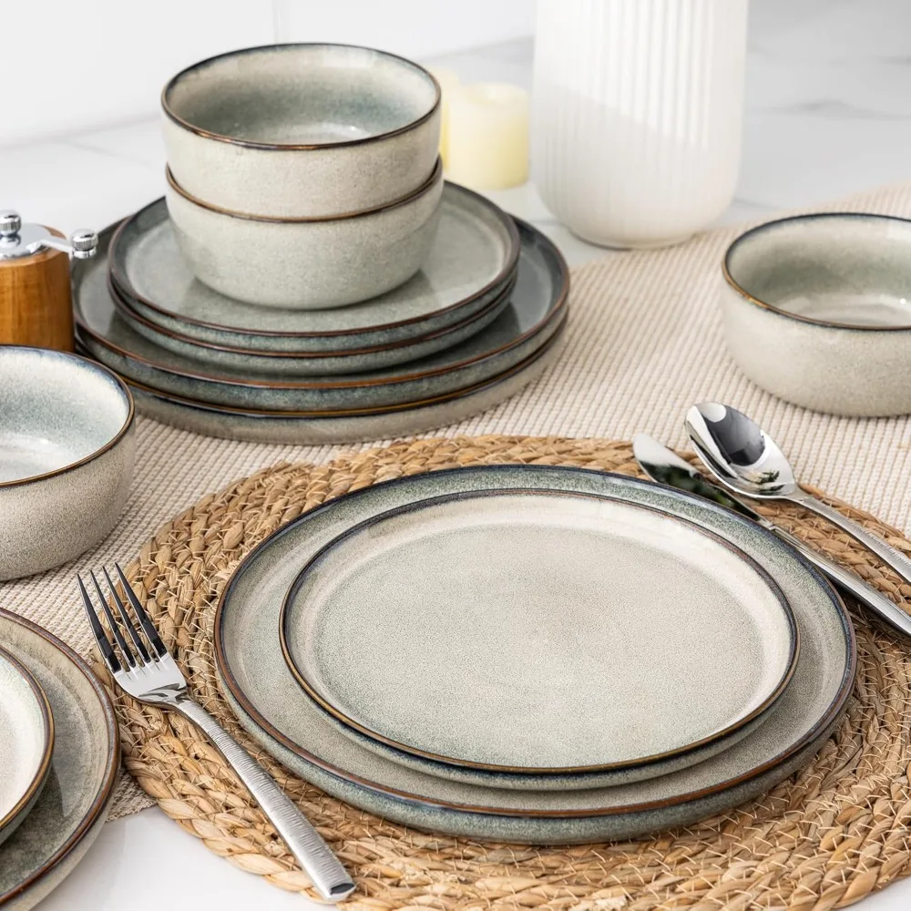 

Sets for 4, Reactive Glaze Dishes -Scratch Resistant, Dishwasher&Microwave Safe，12 Pieces Stoneware Plates and Bowls Sets