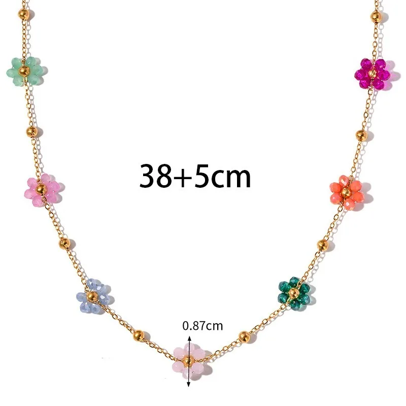 Kolmnsta Exquisite Colorful Flower Chain Necklace Bracelet Set For Women Gold Plated Titanium Steel Daisy Choker Necklace Gift