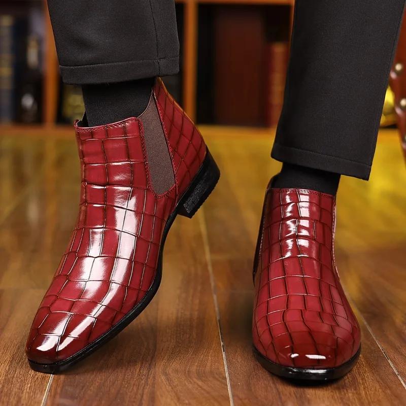 

Men High Top Boots PU Embossed Pattern Low Heel Bare Boots Classic Comfortable Men Boots Sizes 39-48