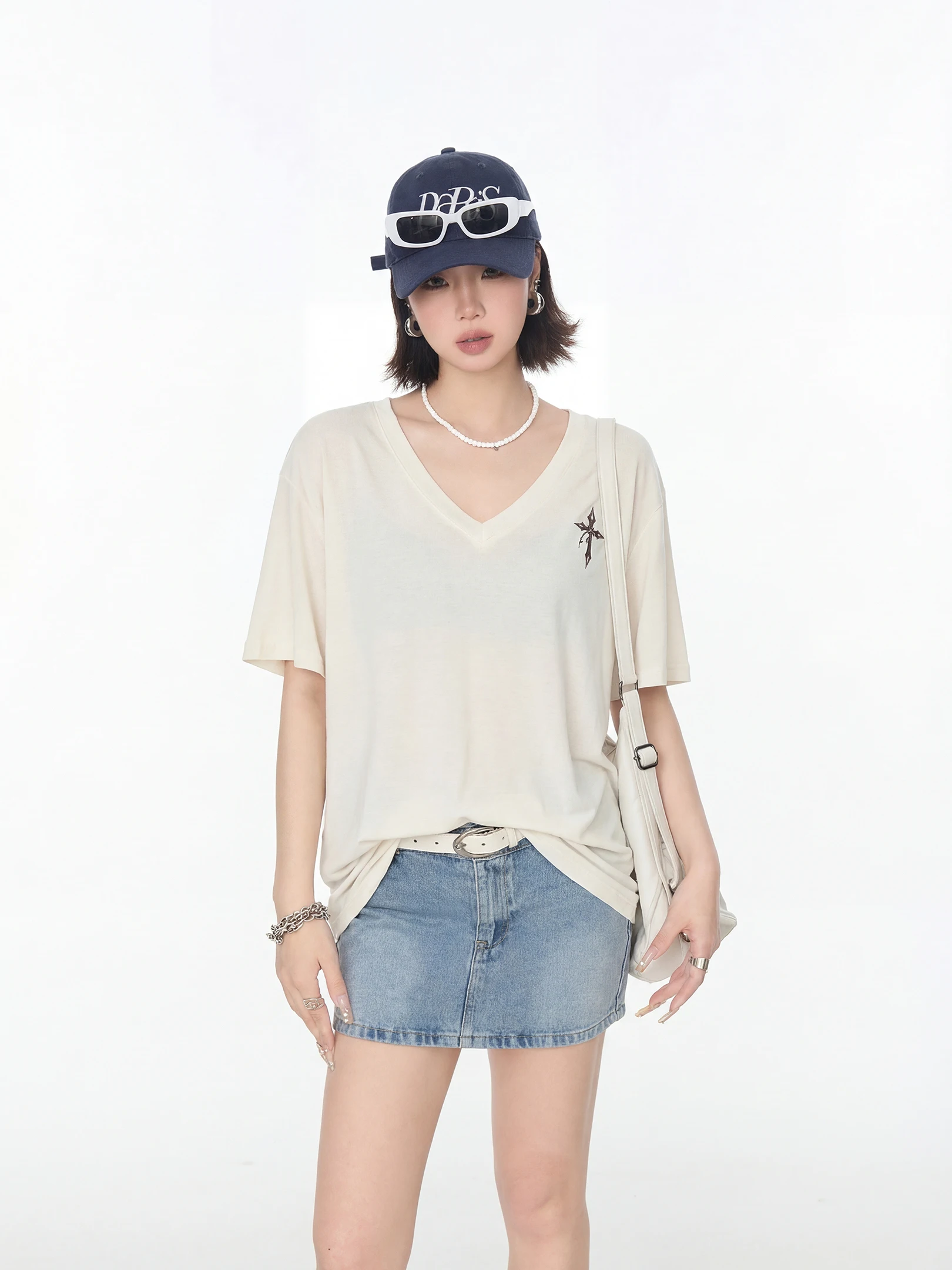 

Retro American Print V-Neck Short Sleeve T-Shirt Women's Thin Loose Half Sleeve Summer Casual Top for Young Women