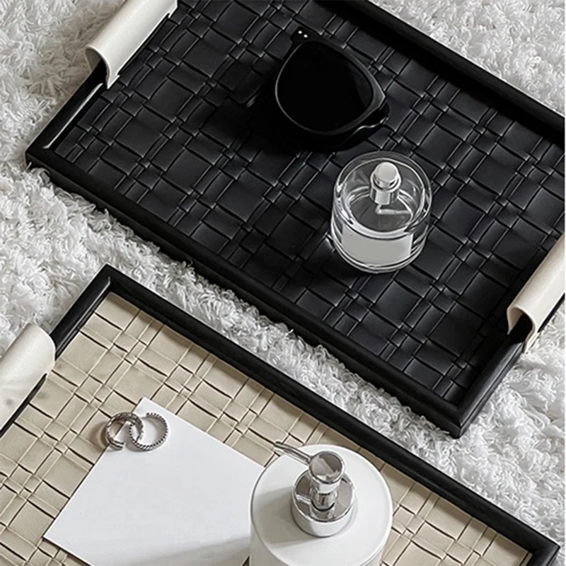 أوعية مفاتيح صينية جلدية لطاولة الدخول، صينية تنظيم سطح المكتب، صينية الغرور بمقبض، منظم التخزين، صينية الصيد