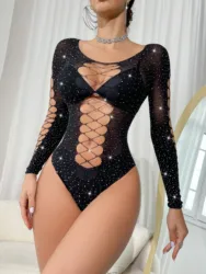 Cross-border women's hot diamond shiny sexy lingerie long-sleeved mesh bodystocking lingerie