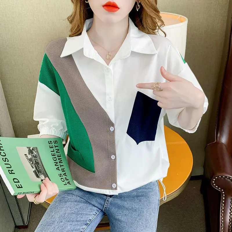 Women Summer New Polo Collar Shirt Commuting Simple Fashion Contrast Splicing Button Pockets Versatile Casual Short Sleeve Tops