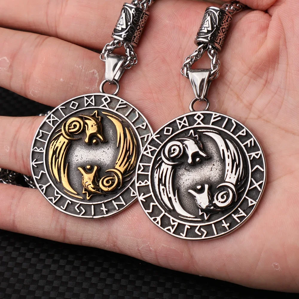 

Vintage Viking Double Wolf Necklace for Men Stainless Steel Nordic Odin Rune Viking Compass Pendant Chain Fashion Amulet Jewelry