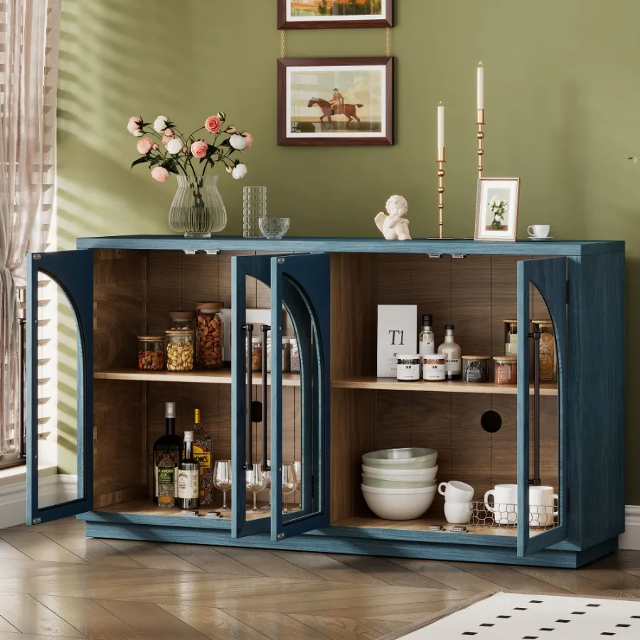 4-deurs retro dressoir met grote opbergruimte, metalen handgrepen en verstelbare planken voor keuken, eetkamer en woonkamer