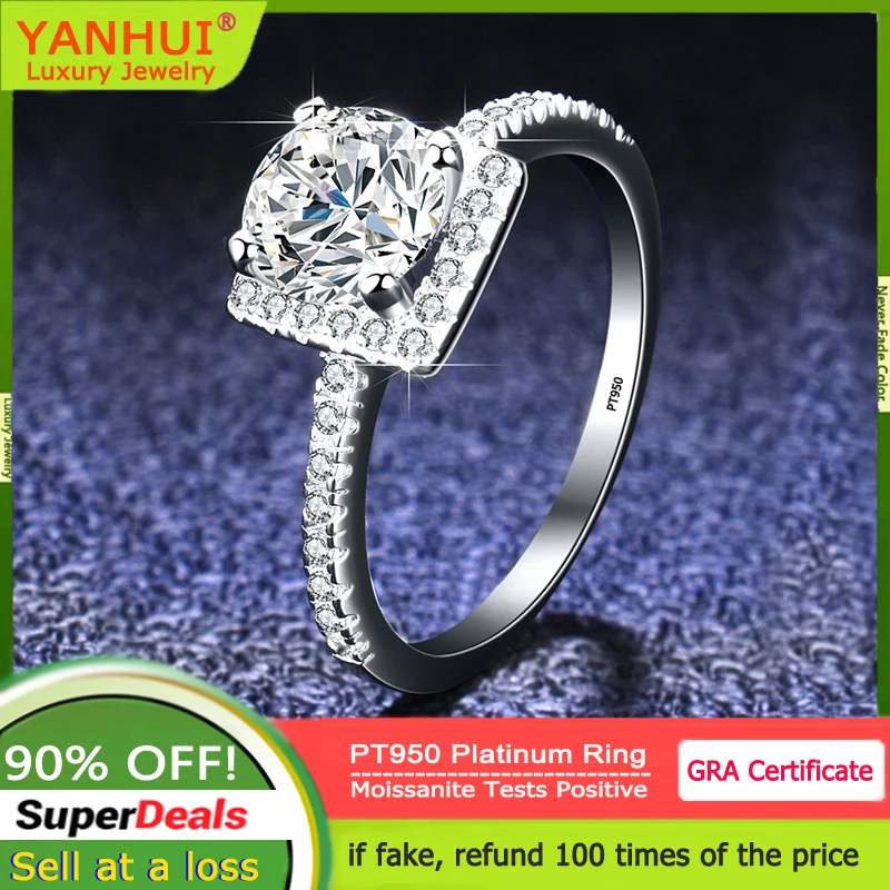 

YANHUI Real 1 Carat Moissanite Ring Solid PT950 Platinum Ring Round Diamond Wedding Band Fine Jewelry Women Gift Accessories