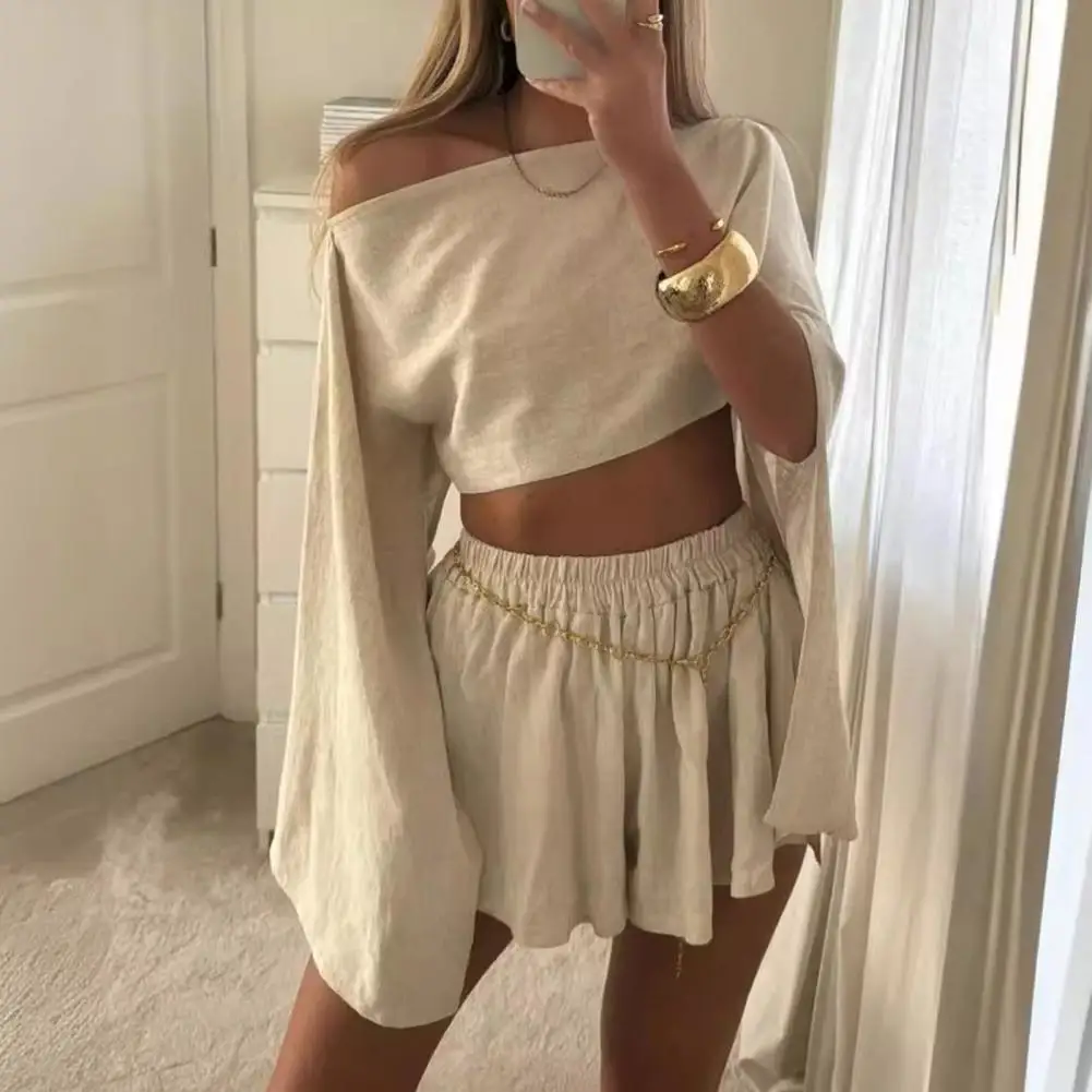 Two-piece Women Suit Elegant Women's Boat Neck Off Shoulder Top Shorts Set Stylish Solid Color Blouse With Long Slit Sleeves