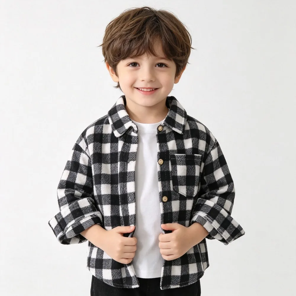 Plaid Print Boys Shirts with Collar 2 3 4 5 6 7 8 9 10 Years Casual Korean Toddler Boy Shirt Buttons Spring Autumn Kids Clothes