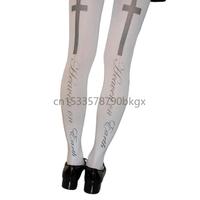 Women Japanese Gothic Crosses and Letter Print Pantyhose Stockings Elegant White Opaque Tights Leggings Hosiery J78E