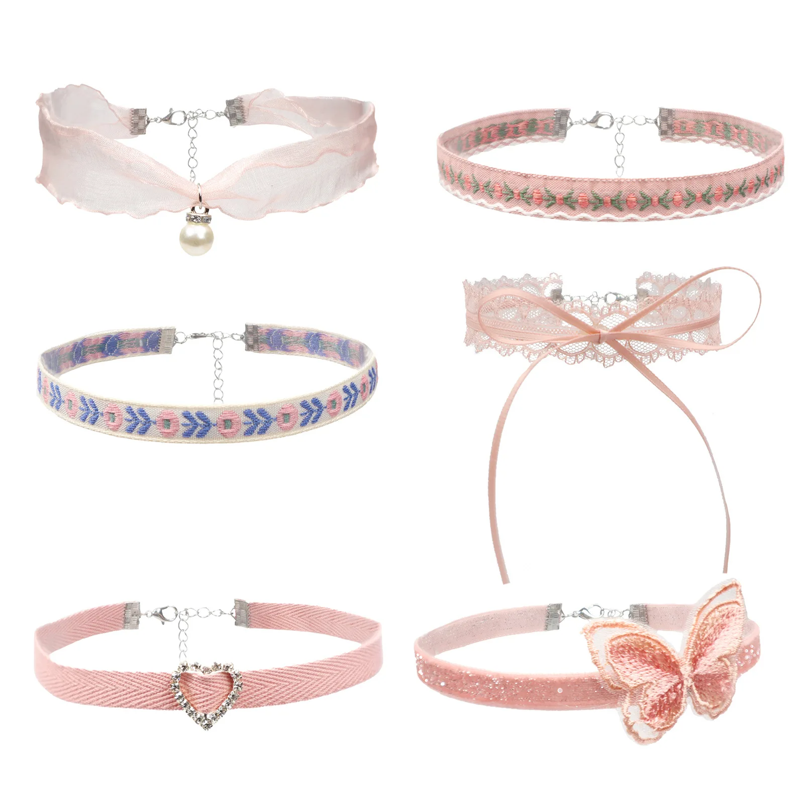 Koreański gotycki estetyczny Vintage śliczny perłowy kokardka serce różowy koronkowy Choker naszyjnik dla kobiet Y2K Party biżuteria akcesoria prezent