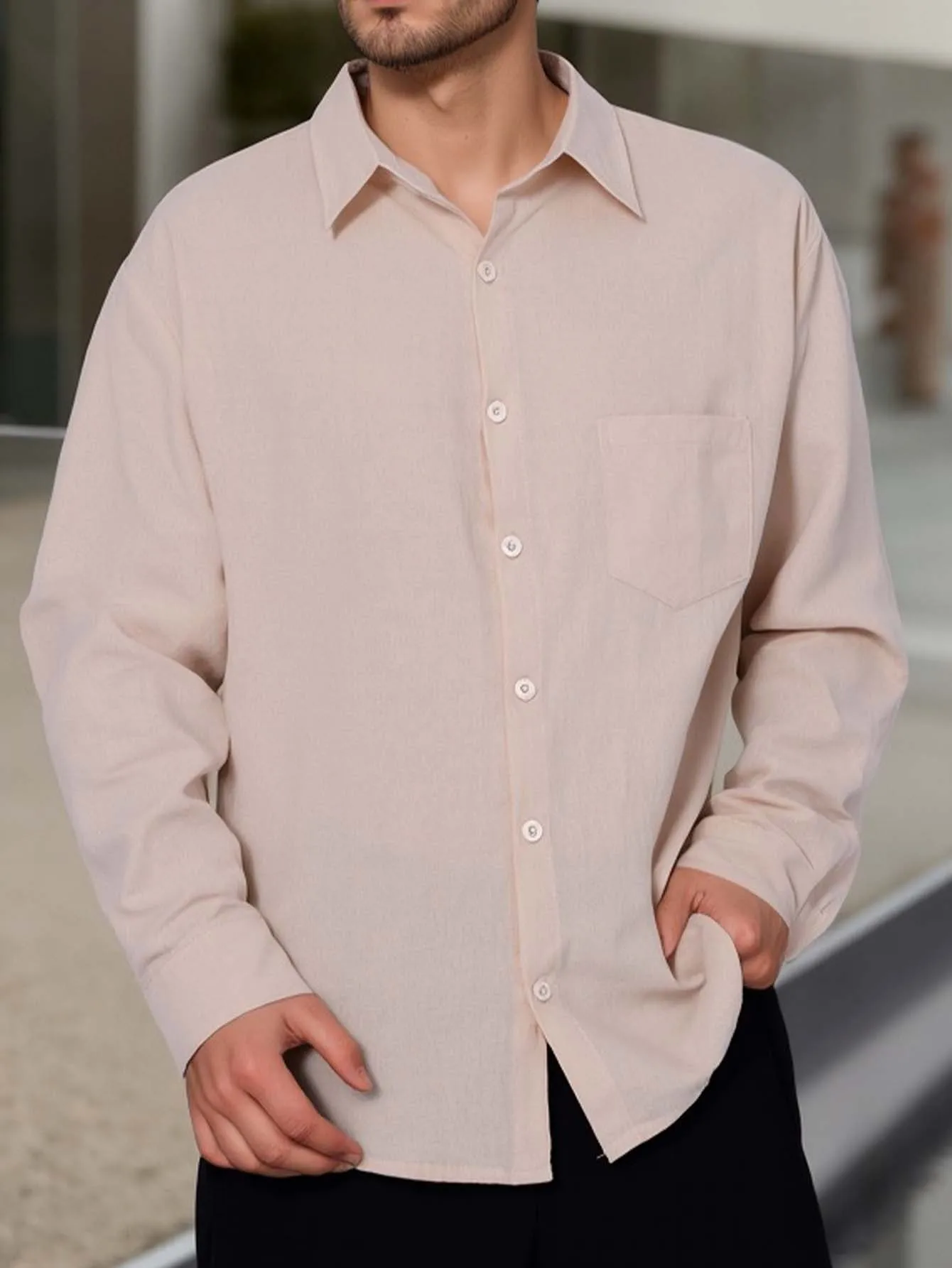 Men's Casual Long-Sleeved Shirt Comfortable Cotton Linen Lapel Pocket Loose Solid Color Fashionable Cardigan