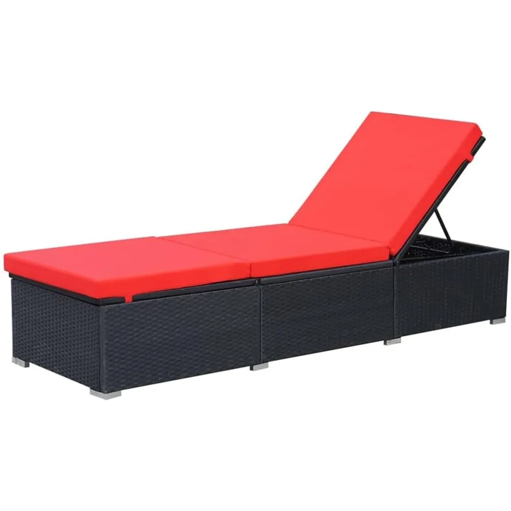 

Outdoor Sun Lounger with Cushion - Adjustable Comfort, Water-Resistant Poly Rattan, Black and Red, Sturdy Steel Frame - Ideal G