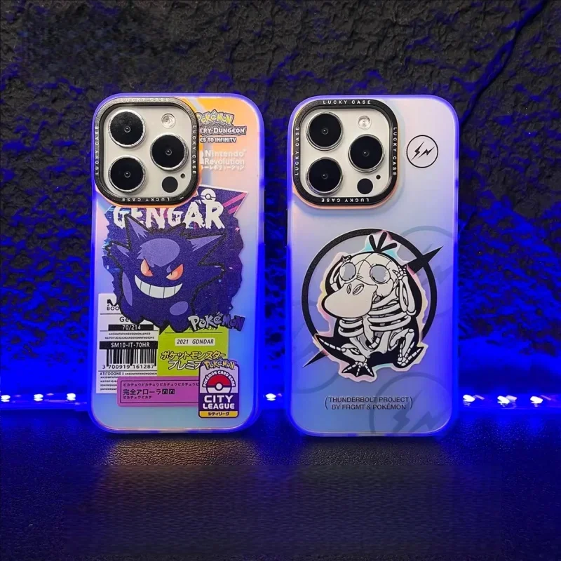 

3D Anime Cute Gengar Psyduck P-Pokemon Label QR code Phone Case for iPhone 11 12 13 14 15 16 17 Pro Max Plus 17Pro Laser Cover