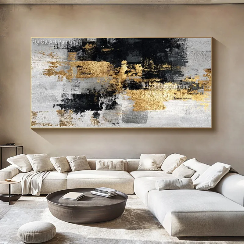Hand Painted Gold Foil Abstract Oil Painting, Thick Palette Knife Textured Canvas Wall Art, Black White Modern Living Room Decor