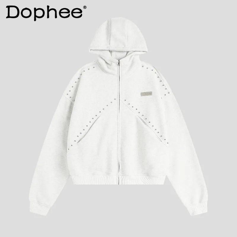 

American Fashion Trend Heavy-duty Rivet Zipper Sweatshirt Youth Popular Casual Loose Hooded Fleece Warm Jacket
