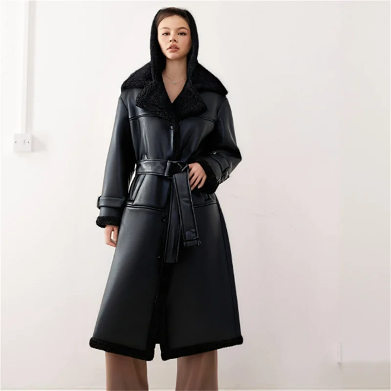 خريف 2025 الموضة العصرية مثير المرأة الأوروبية والأمريكية المؤثر ضرب التلبيب الفراء والجلود المتكاملة معطف طويل دافئ #2