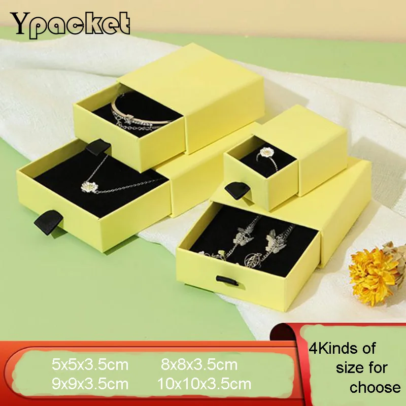 

Yellow Jewelry Drawer Packaging Box For Women Square Jewellery Organizer Box Wedding Ring For Earring Necklace Bracelet Gifts