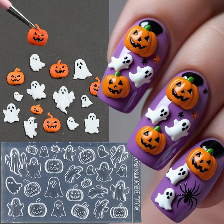 1 pcs Cartoon Kawaii Ghost Nail Molds Horror Pumpkin Spider Web Skeleton Hand Nail Templates Y2K Halloween Manicure Tools