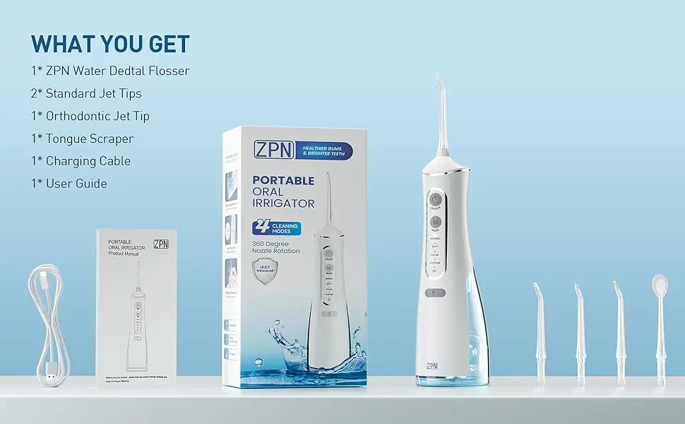 ZPN Water Flosser for Teeth Cleaning and Flossing with 5 Replaceable Jet Tips, IPX7 Waterproof Water Flosser Portable and Rechar
