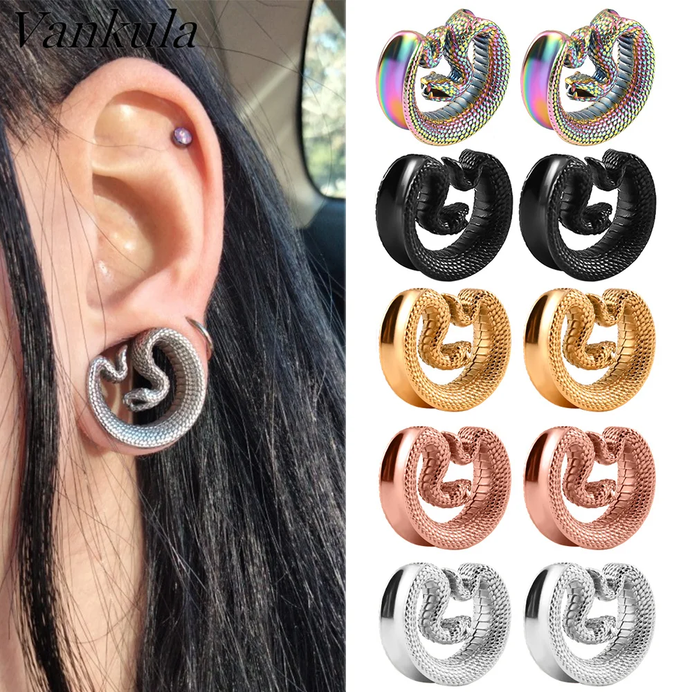 Vankula 2PCS 2021 Cool Snake Saddle Ear Plugs Tunnels Ear Gauges Expander Stainless Steel Earrings Body Piercing Jewelry