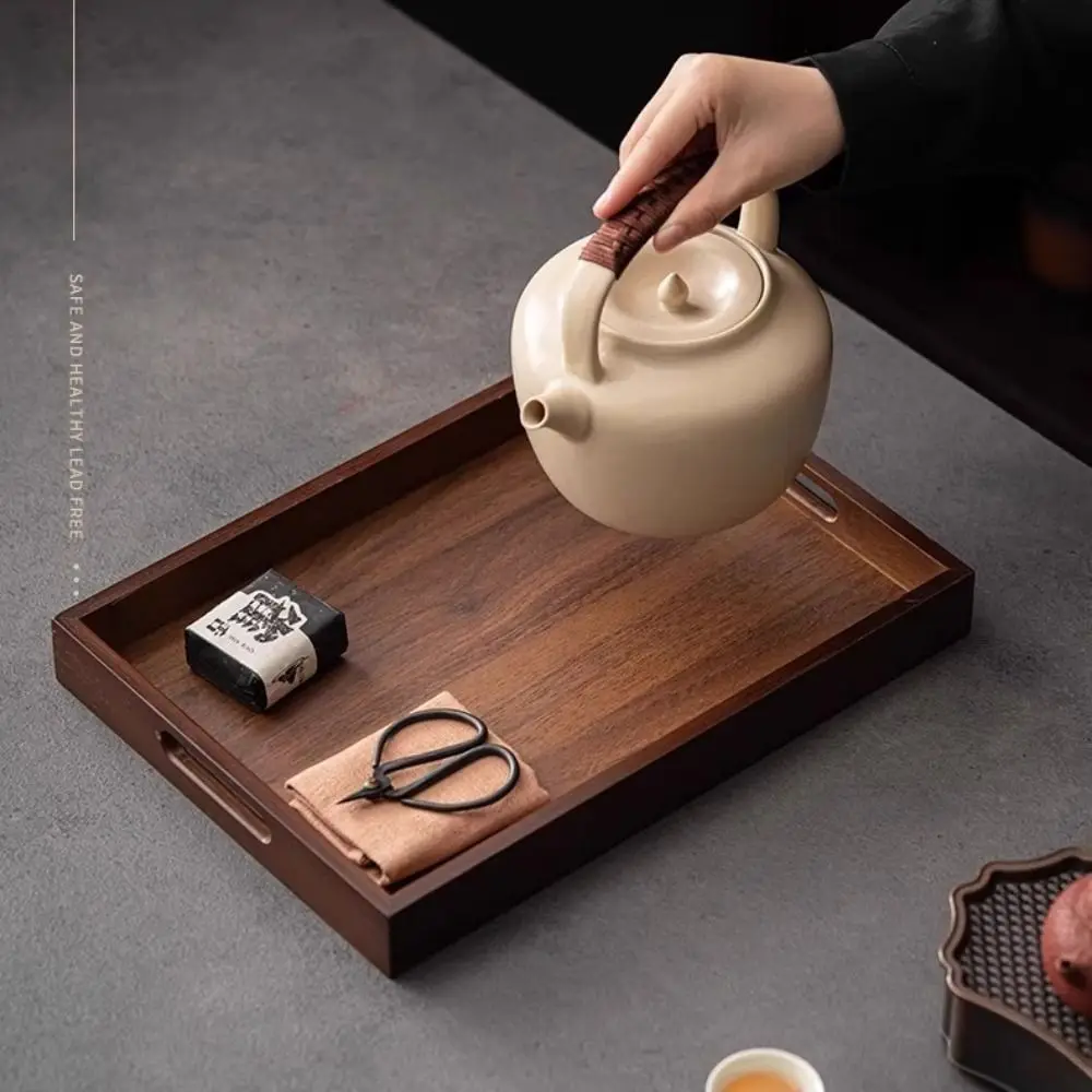 Decorate Tray Rectangular Bamboo Wooden Tray Walnut Color With Handle Serving Tray Display Plate Kitchen