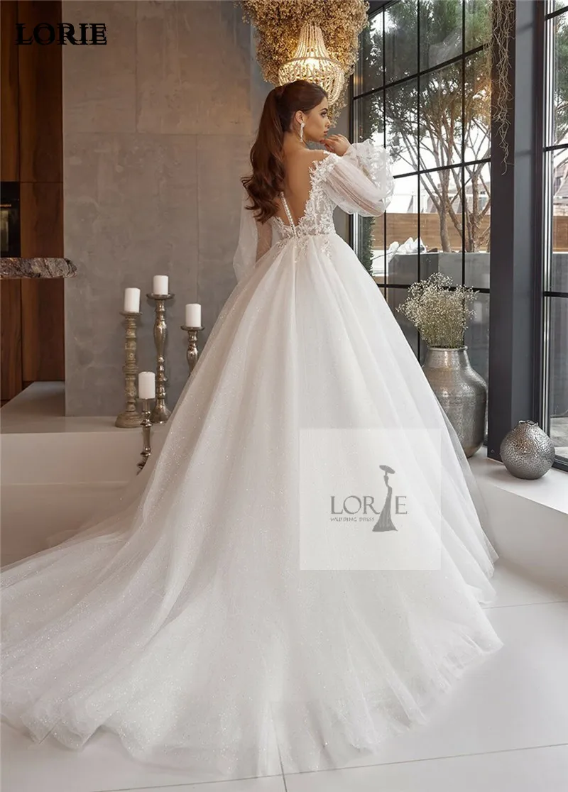 LORIE-vestidos de novia de encaje con purpurina brillante, apliques de manga abombada y hombros descubiertos, vestido de novia bohemio de tul,