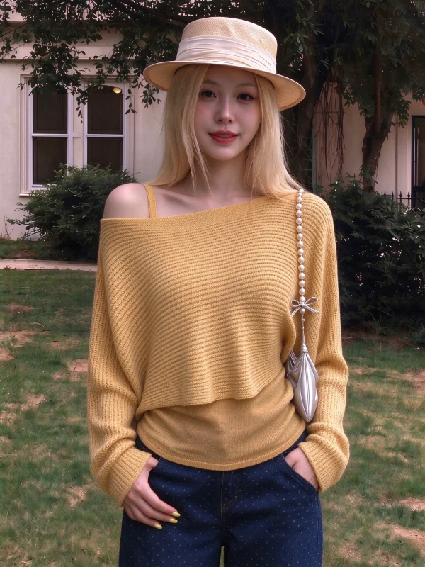 Loose Fit Long Sleeve Knitted Yellow Shoulder Baring Top Women's Style Autumn Sweater Casual Leisure Two Piece Set