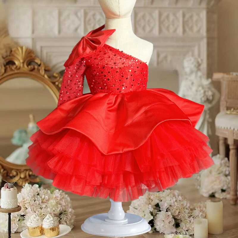 Luxury Sequin Princess Party Dress  sleeved New Fashion Luxury One Shoulder Fluffy Carnival Lace Birthday Children Clothes