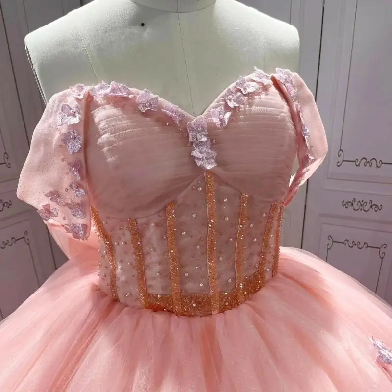 Rosa glänzende Quinceanera-Kleider mit Perlenapplikation, Spitze, Blume, Tüll, Schleife, Vestidos de 15 Jahre, Geburtstagsfeier, Prinzessin, süßes 16-Kleid