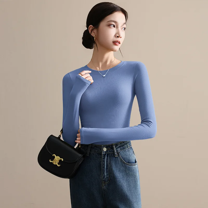 Round Neck Shoulder Long Sleeved Base Shirt for Women 2025 New Autumn Outfit, Slim Fit and Slimming, Inner Top T-shirt