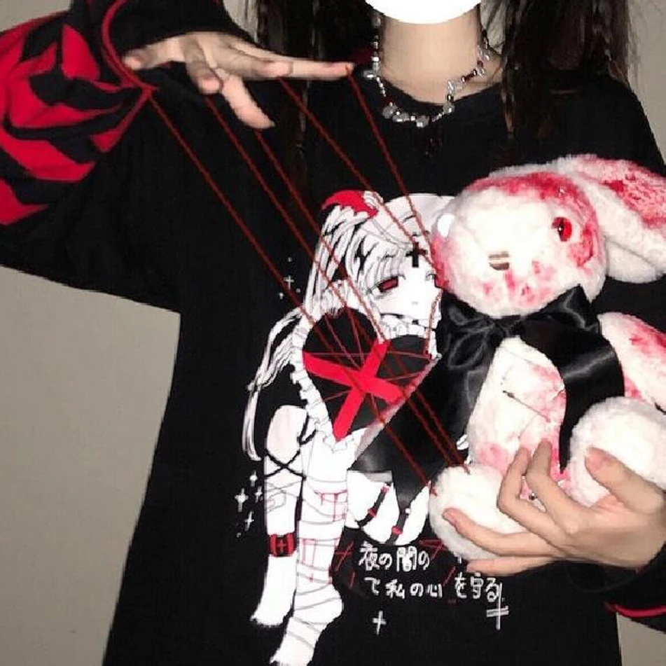 Emo Style Women Streetwear Gothic Anime Sweatshirts Punk Long Sleeve 2000s Graphic Tees Y2k Fairy Grunge Goth Egirl Alt Clothes