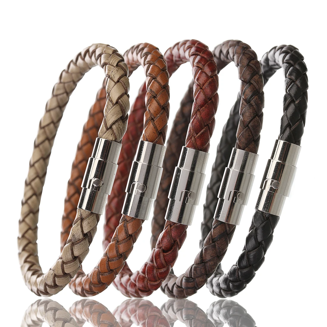 1pc 19/20/21/22cm Fashion Design Woven Vintage Genuine Leather Rope Magnetic Buckle Men\'s Bracelet For Men Jewelry Gifts